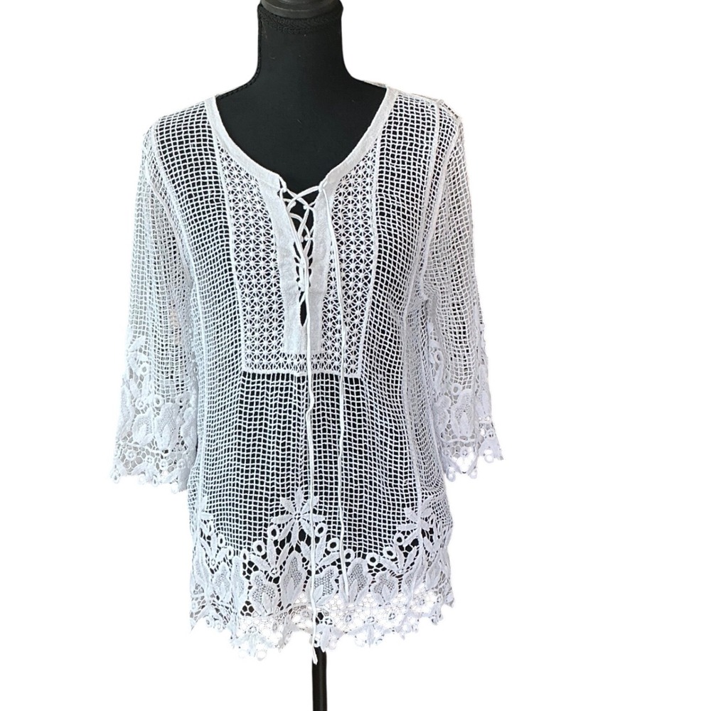 White Crochet Cover Up Small Boho Festival Floral Cotton Beachwear Sheer‎ Summer